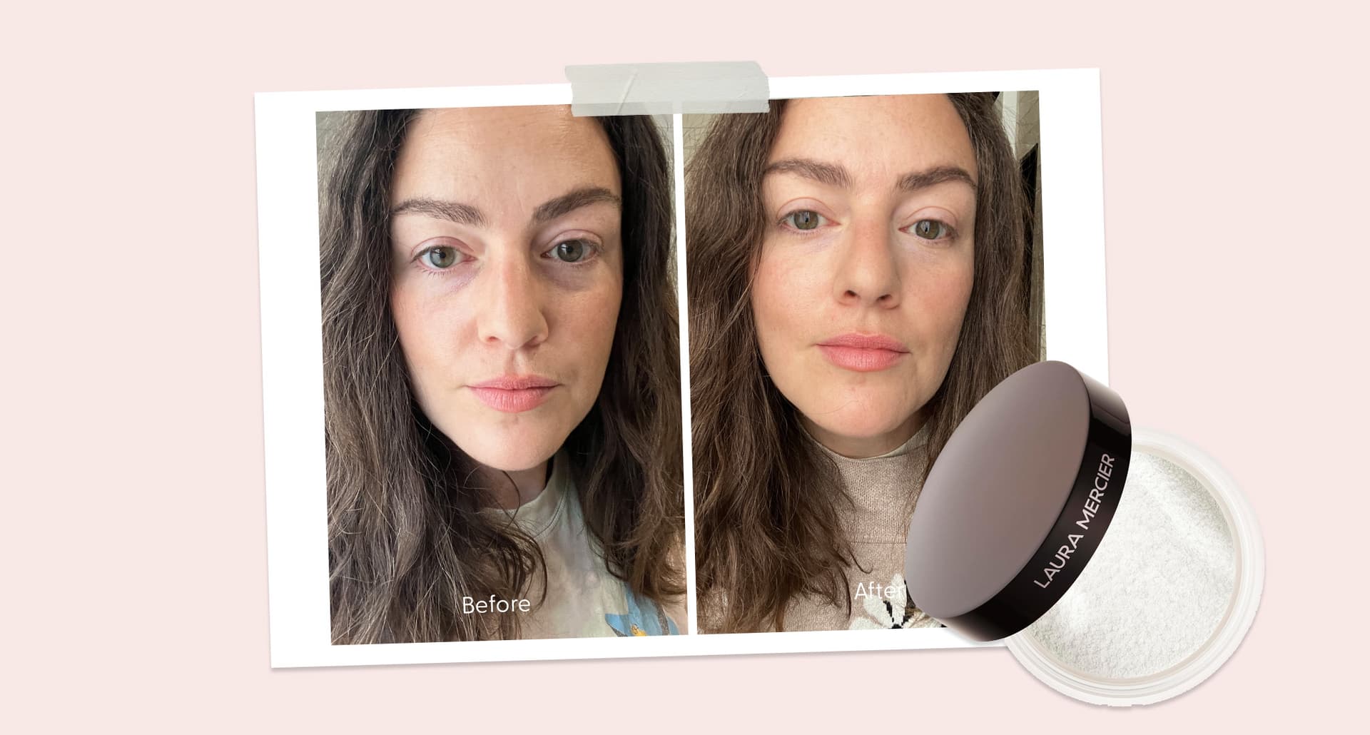 Original photos showing before and after of PureWow editor using Laura Mercier Secret Brightening Color Correcting Under Eye Setting Powder
