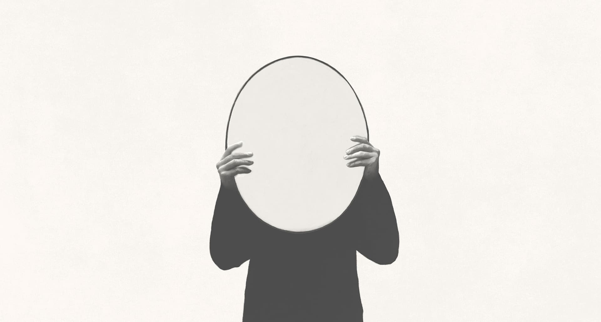 Illustration of person holding round shape mirror, alluding to zodiac mirror theory.