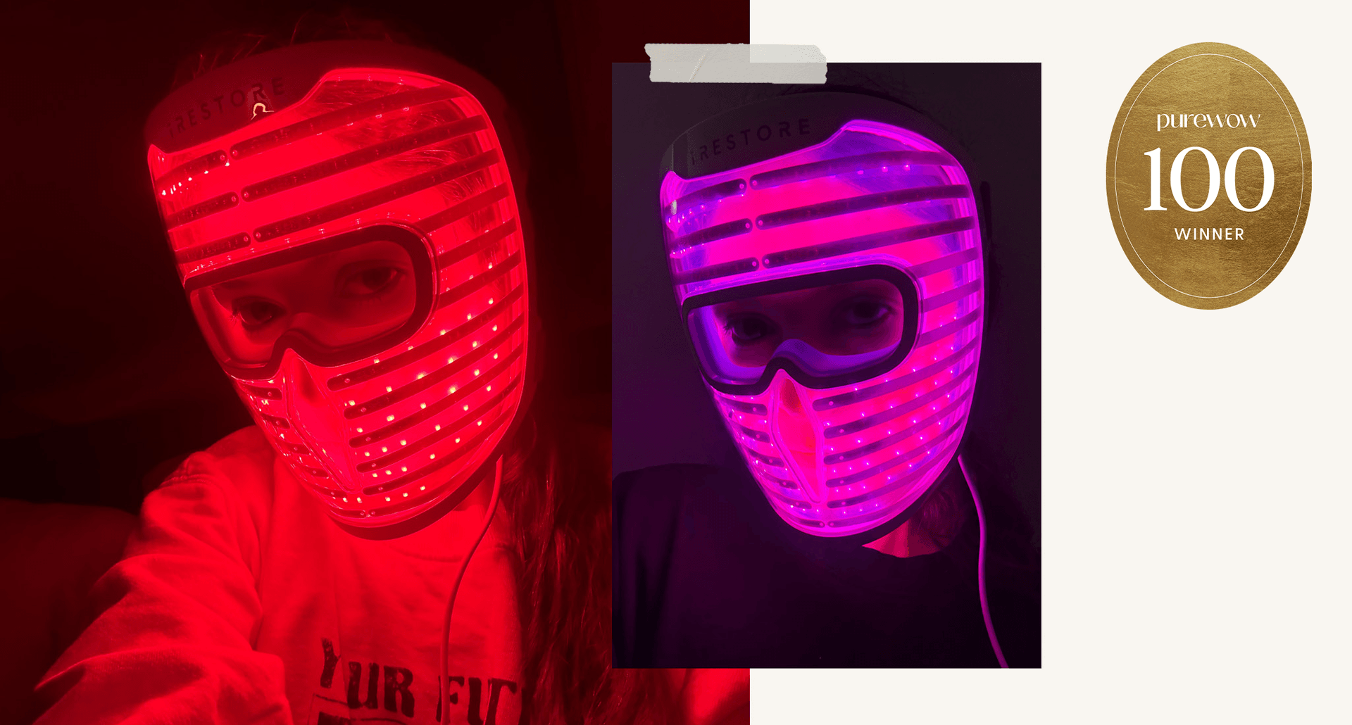 iRestore Illumina LED Mask Review: Original photos of Stephanie Maida wearing the mask in red and purple light modes