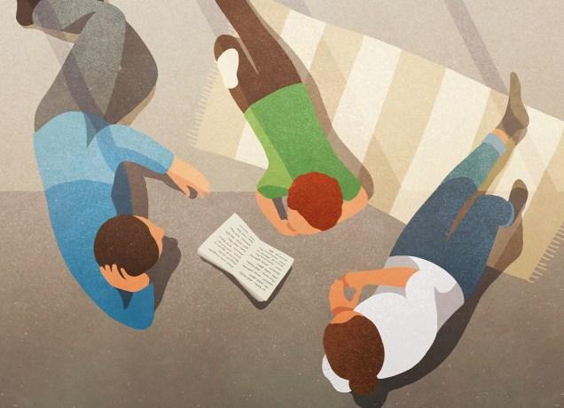 how-to-talk-to-kids-about-sex: an illo of a family reading together.