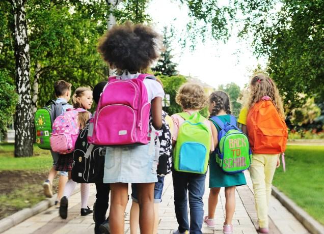 back to school quotes: group of elementary school children walking on the sidewalk with their backpacks