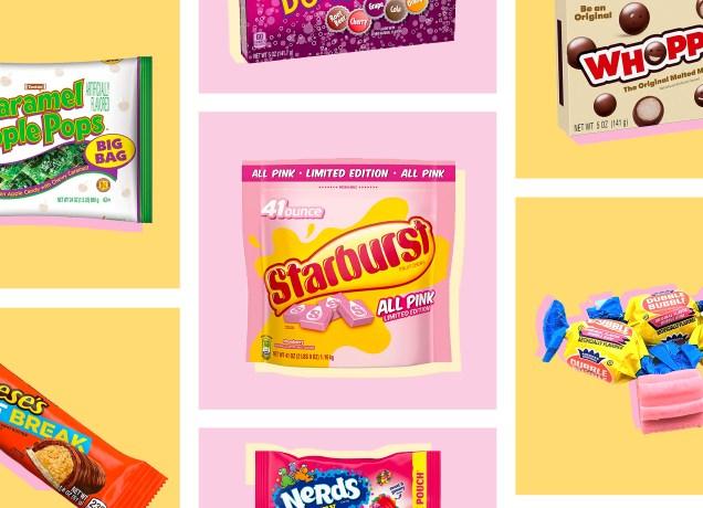 best halloween candy: assorted chocolates, candies and gums on a yellow and pink square background