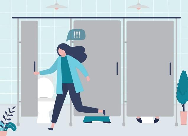 Gut health tips for travel: Woman running into public toilet