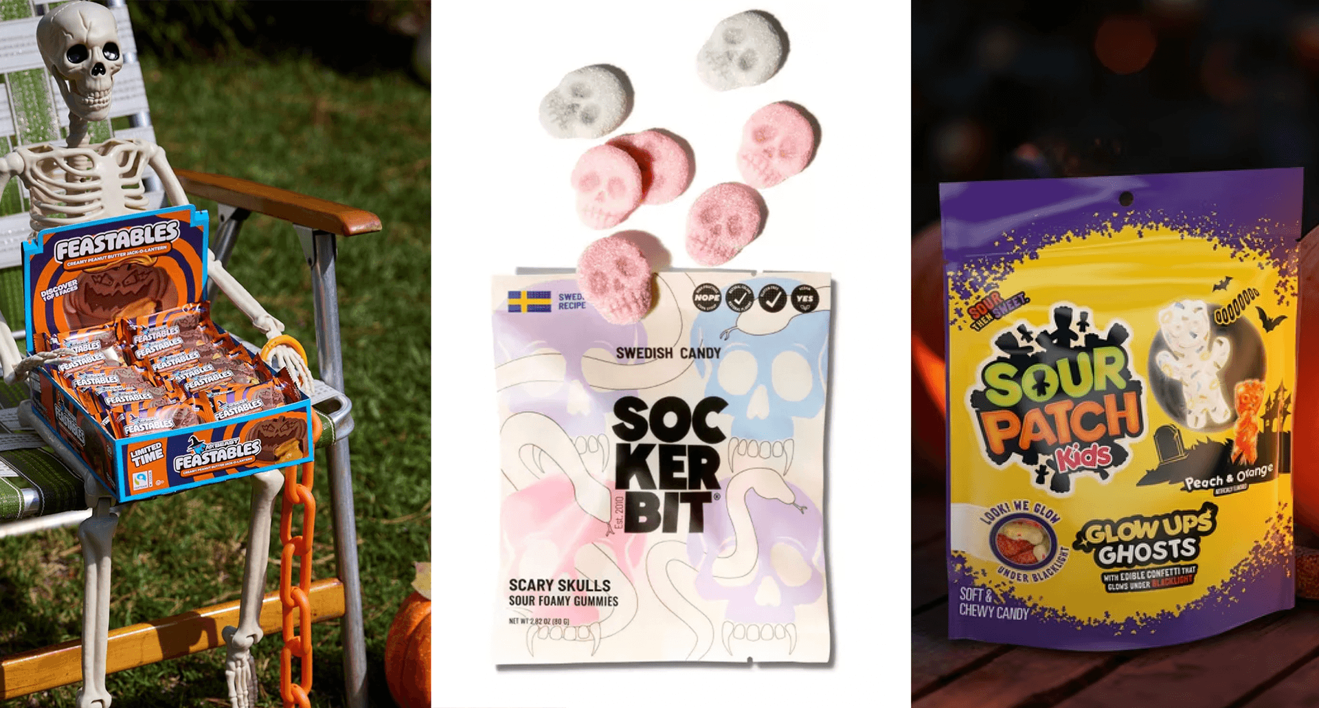 feastables chocolates on skeleton's lap with skull gummies and sour patch kids