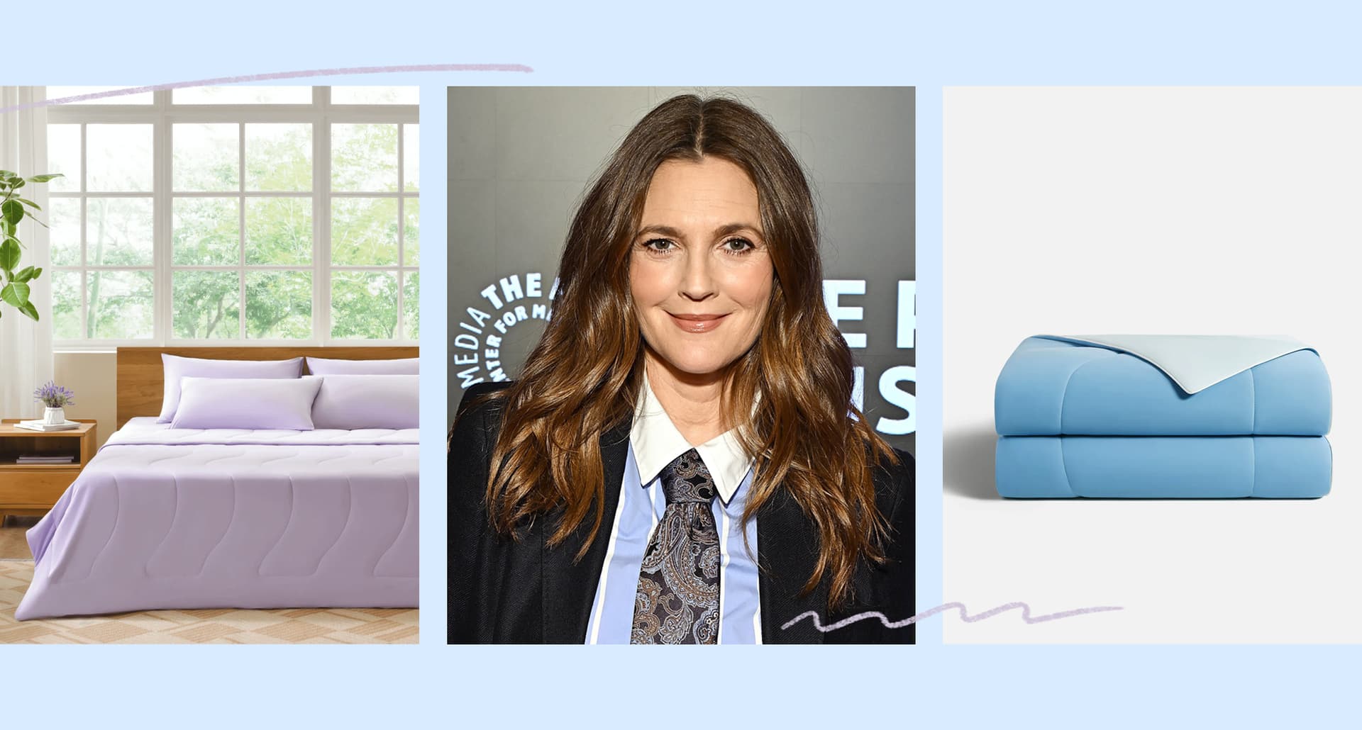 drew-barrymore-evercool-comforter: A collage of images on a baby blue background. From left to right: An image of a purple comforter on a bed in a bedroom, a photo of Drew Barrymore in a suit, a photo of a folder blue comforter.