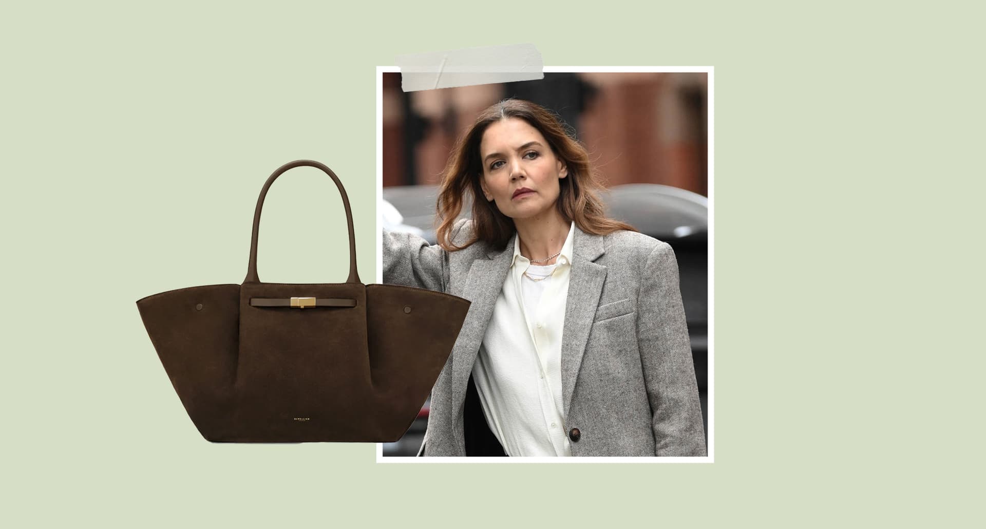 katie-holmes-demellier-midi-new-york-tote: A photograph of Katie Holmes overlaid with a cutout of a brown DeMellier tote bag.