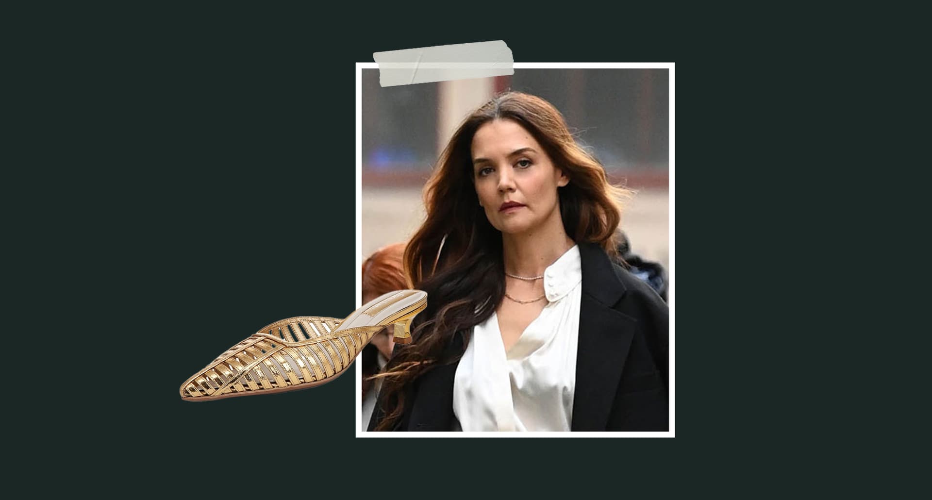 katie-holmes-franco-sarto-metallic-mules: A photo collage with a picture of Katie Holmes, a metallic mule heel and a dark gray background.
