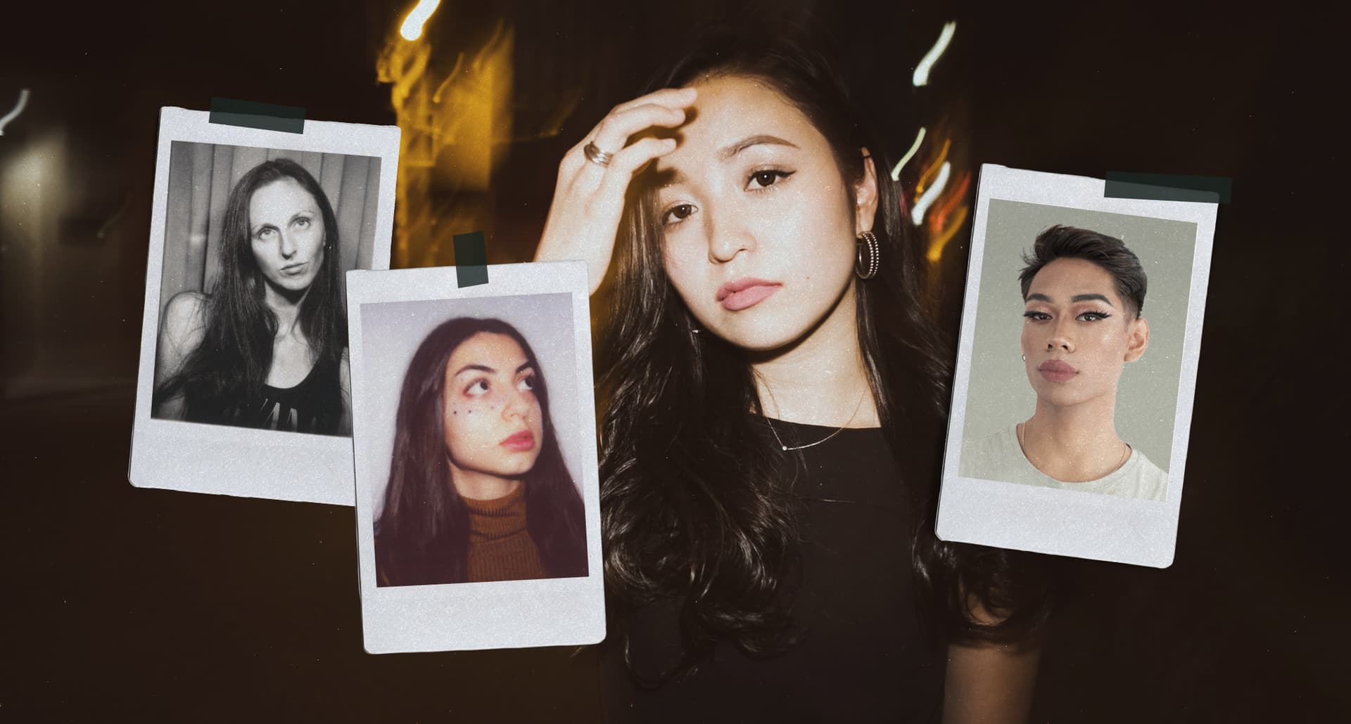 one-thing-to-do-differently-in-polyamory: A collage of photos featuring a young woman looking distraught and polaroid photos of a couple of dating prospects.