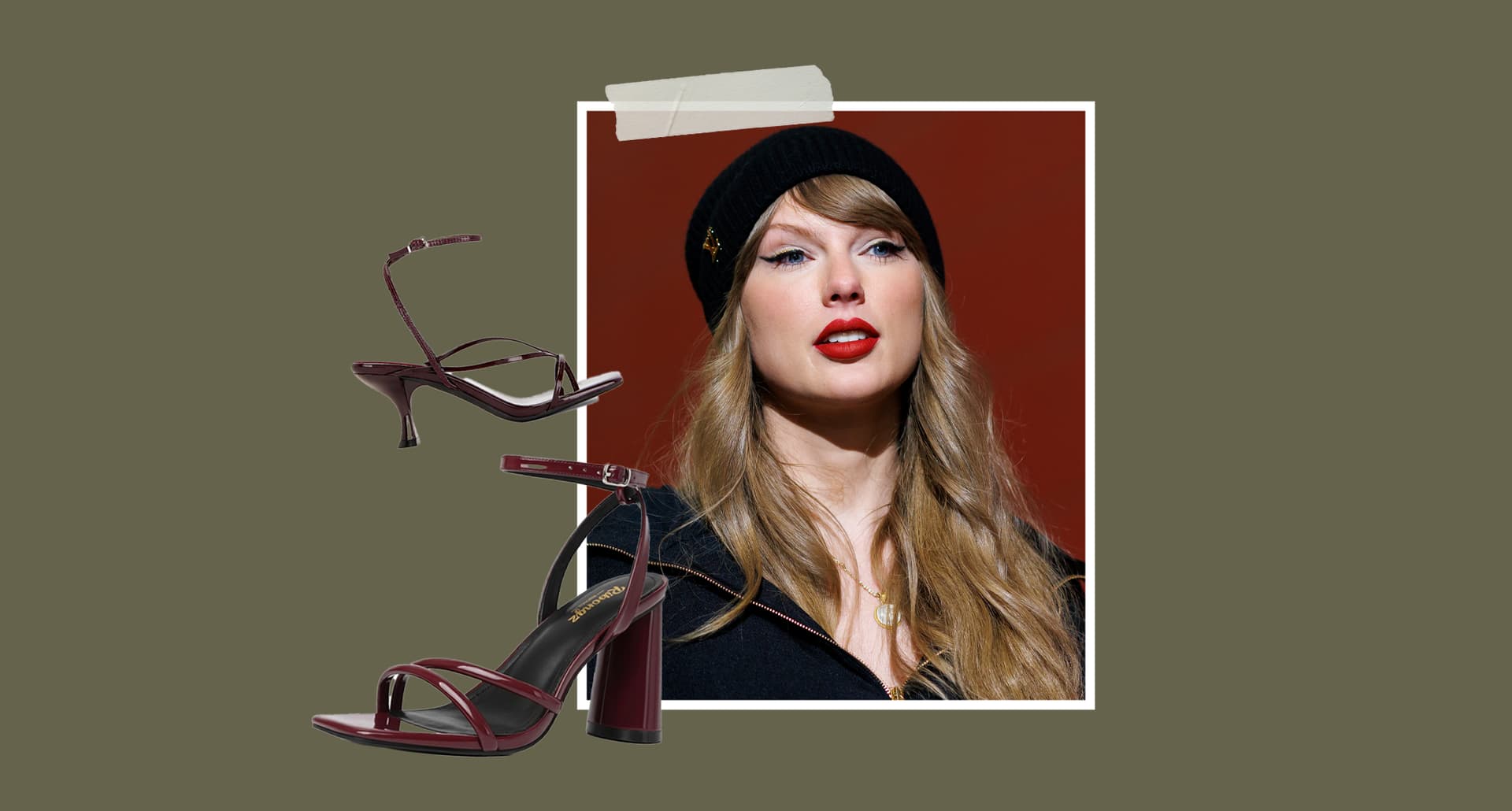 taylor-swift-burgundy-heels: A photograph of Taylor Swift on a army green background with a collage of burgundy pairs of shoes around her.