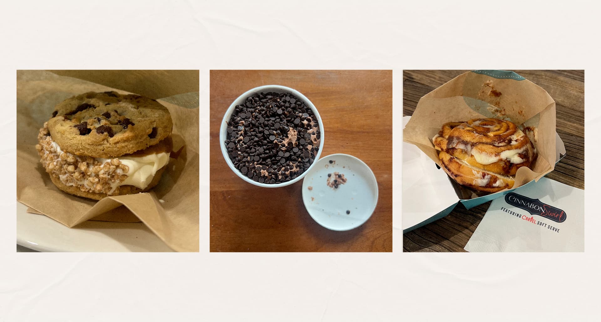 Cinnabon-Swirl-Review: Three photos in a line of various Cinnabon Swirl treats on a cream background.