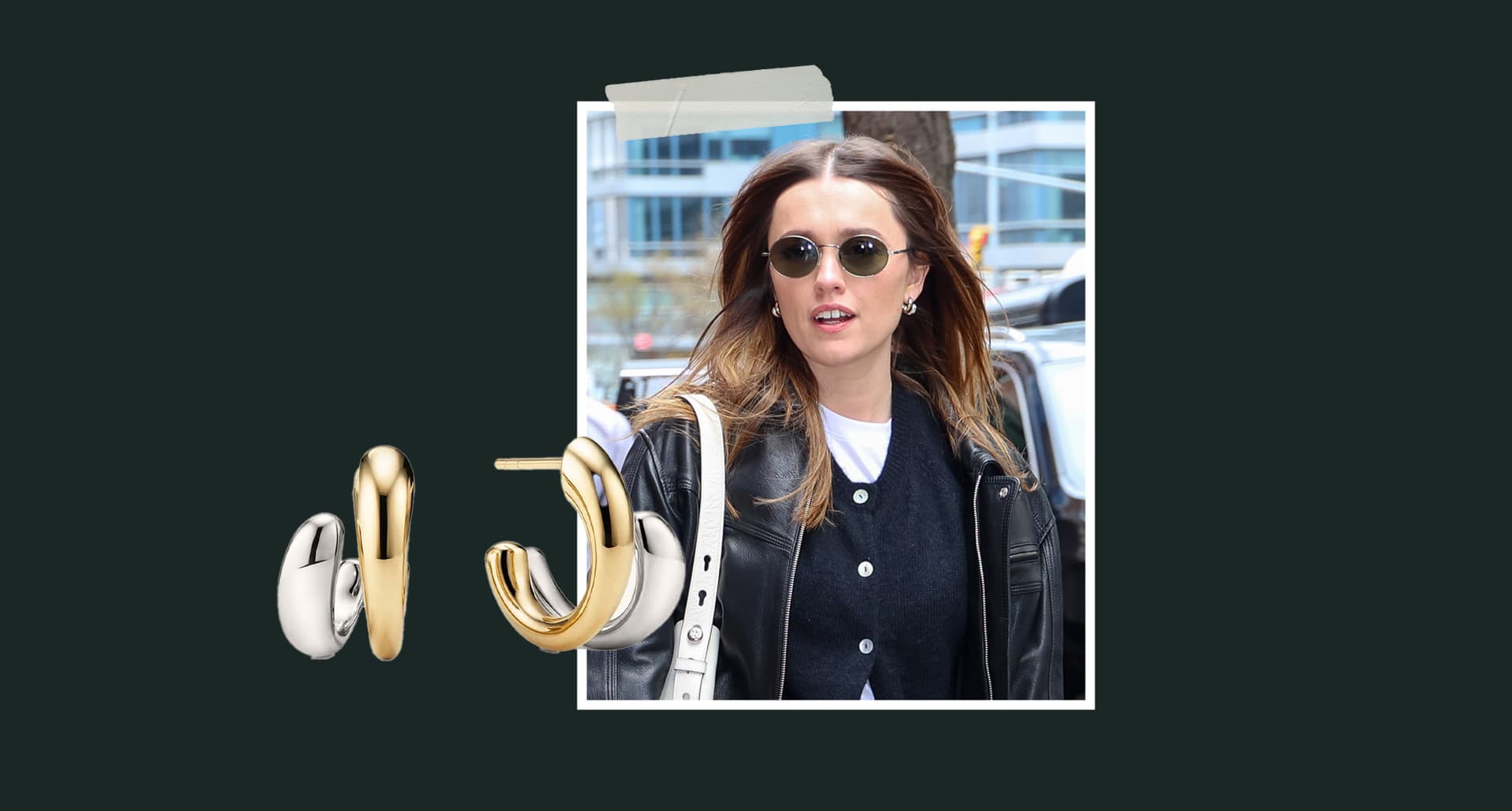 aimee-lou-wood-mejuri-jojo-double-hoops: A photo of Aimee Lou Wood in NYC. There's also a cut out of Mejuri two toned earrings. The background is a dark gray.