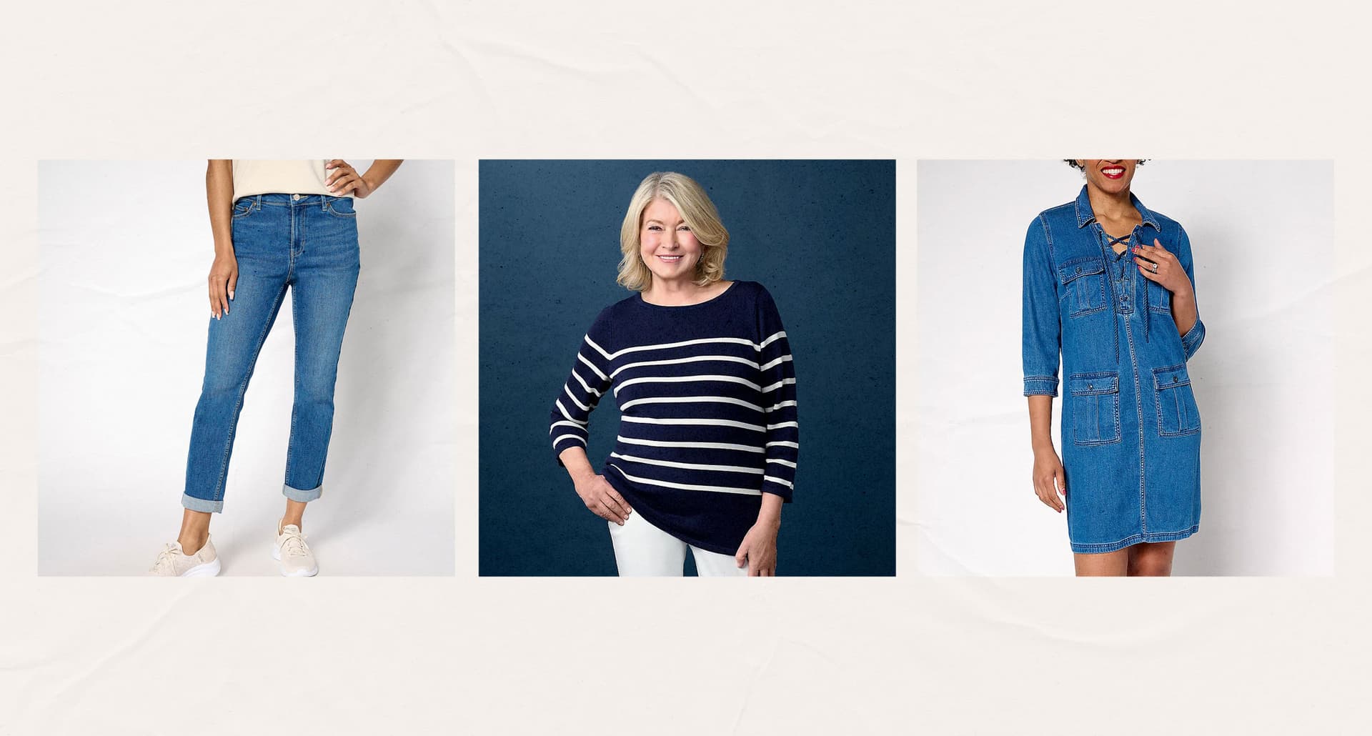 Martha Stewart QVC Fashion Collection: Cuffed jeans and Martha Stewart in blue striped sweater