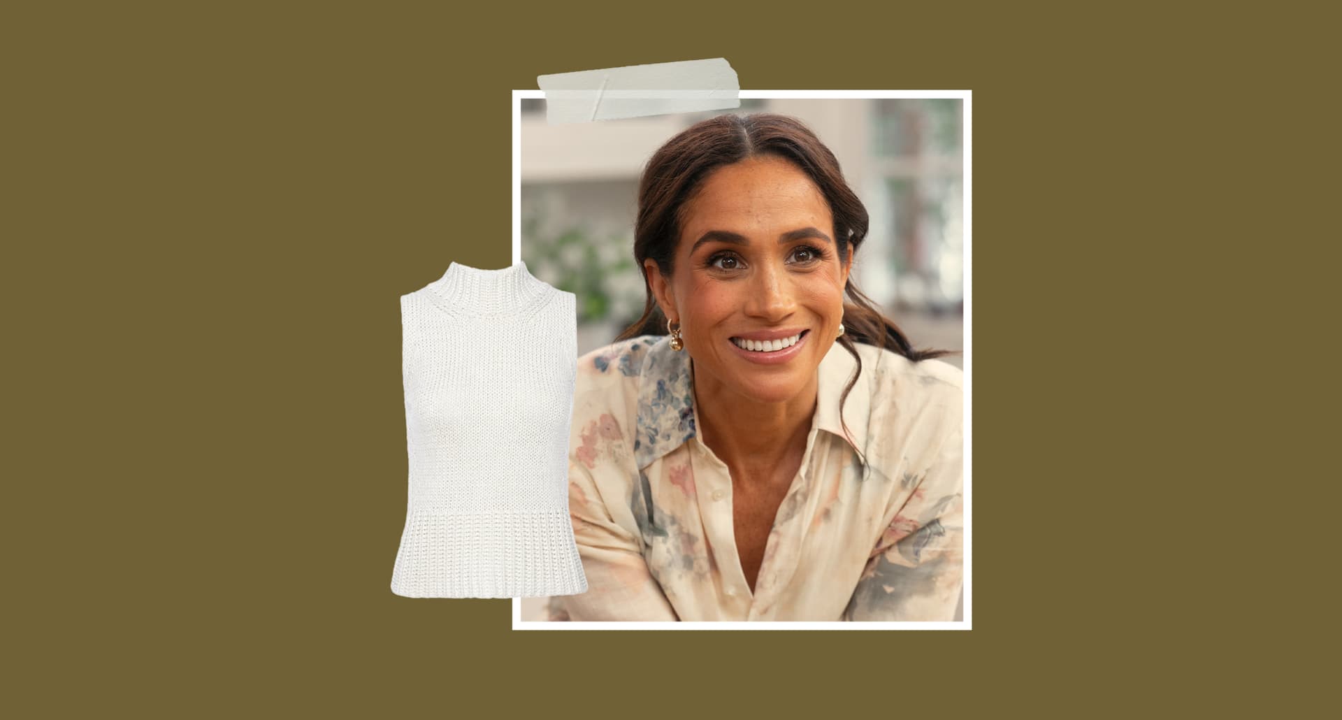 meghan-markle-brochu-walker-sleeveless-turtleneck: A still shot of Meghan Markle from 'With Love, Meghan' on Netflix. She is smiling and leans on a counter. There is a cutout of a sleeveless white turtleneck overlayed on top. Both elements are on a khaki brown background.