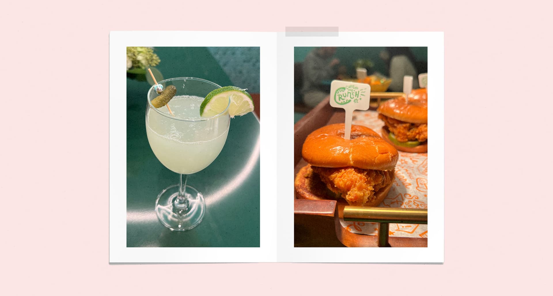 popeyes-pickle-menu: A collage of photos featuring images of Popeyes pickle menu items and a baby pink background.