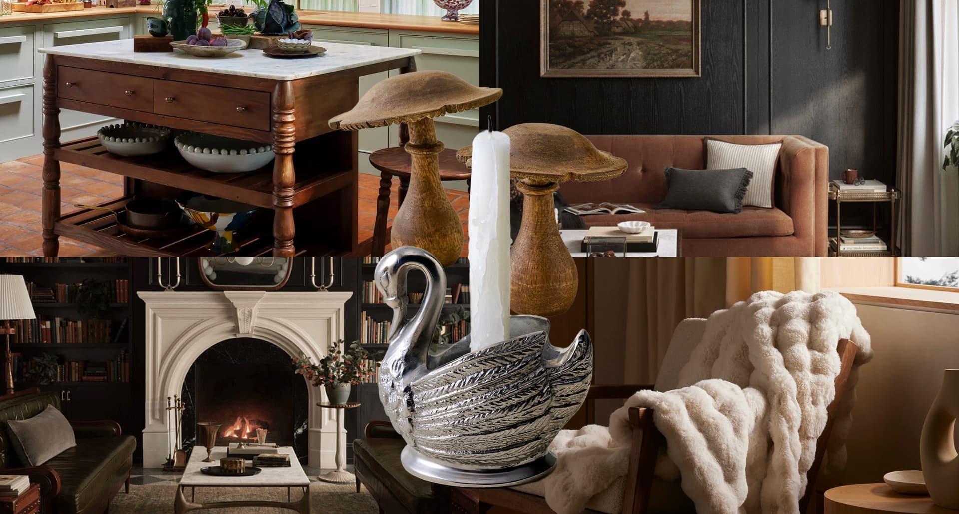 spindle furniture, brass swan candle holder and plush blanket